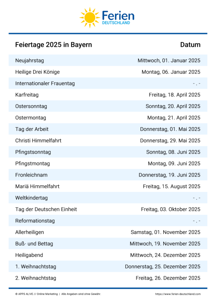 Feiertage Bayern 2024, 2025, 2026, 2027, 2028, 2029: Alle Termine im