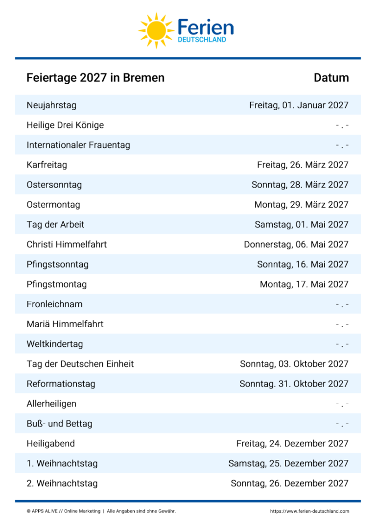  Feiertage Bremen 2024, 2025, 2026, 2027, 2028, 2029: Alle Termine im 