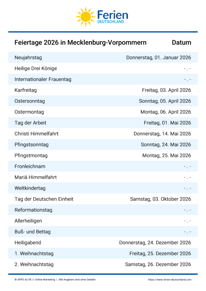  Feiertage MV Mecklenburg-Vorpommern 2024, 2025, 2026, 2027, 2028, 2029 
