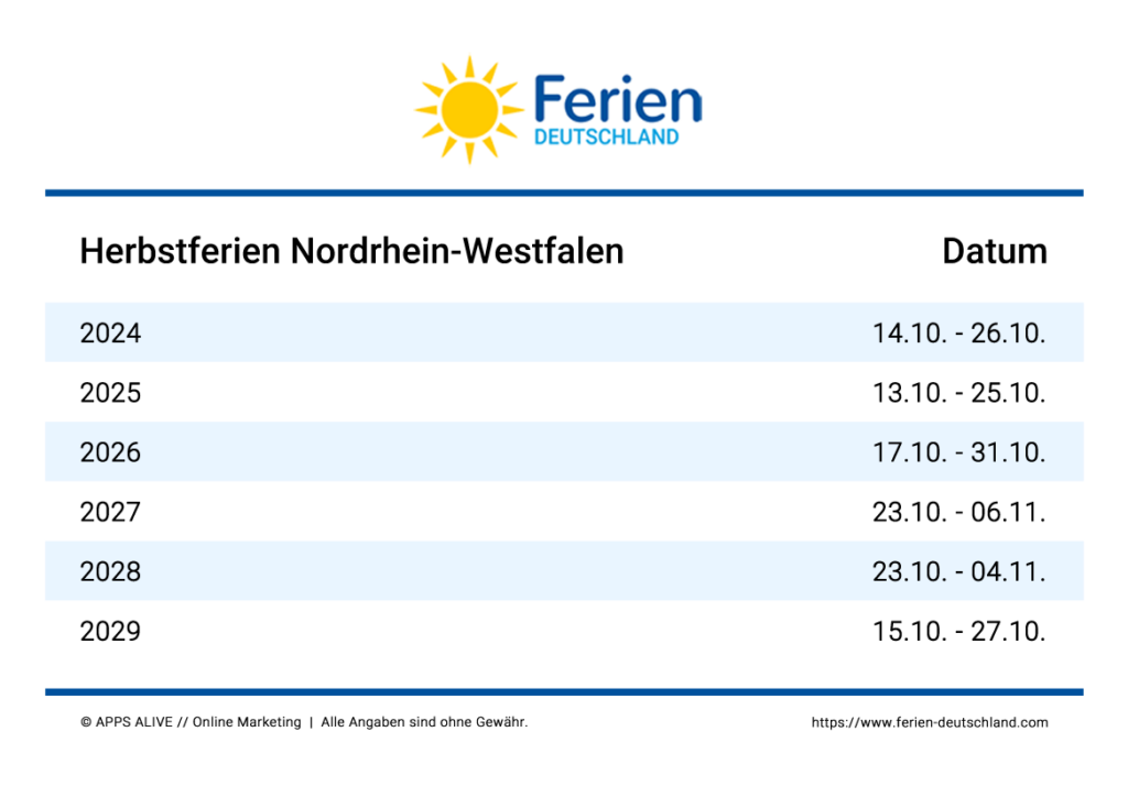  Foto zu Herbstferien NRW Nordrhein-Westfalen 2024, 2025, 2026, 2027, 2028, 2029 